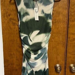 Rachel Zoe NWT Tropical Palm Mesh Ruched Midi Dress